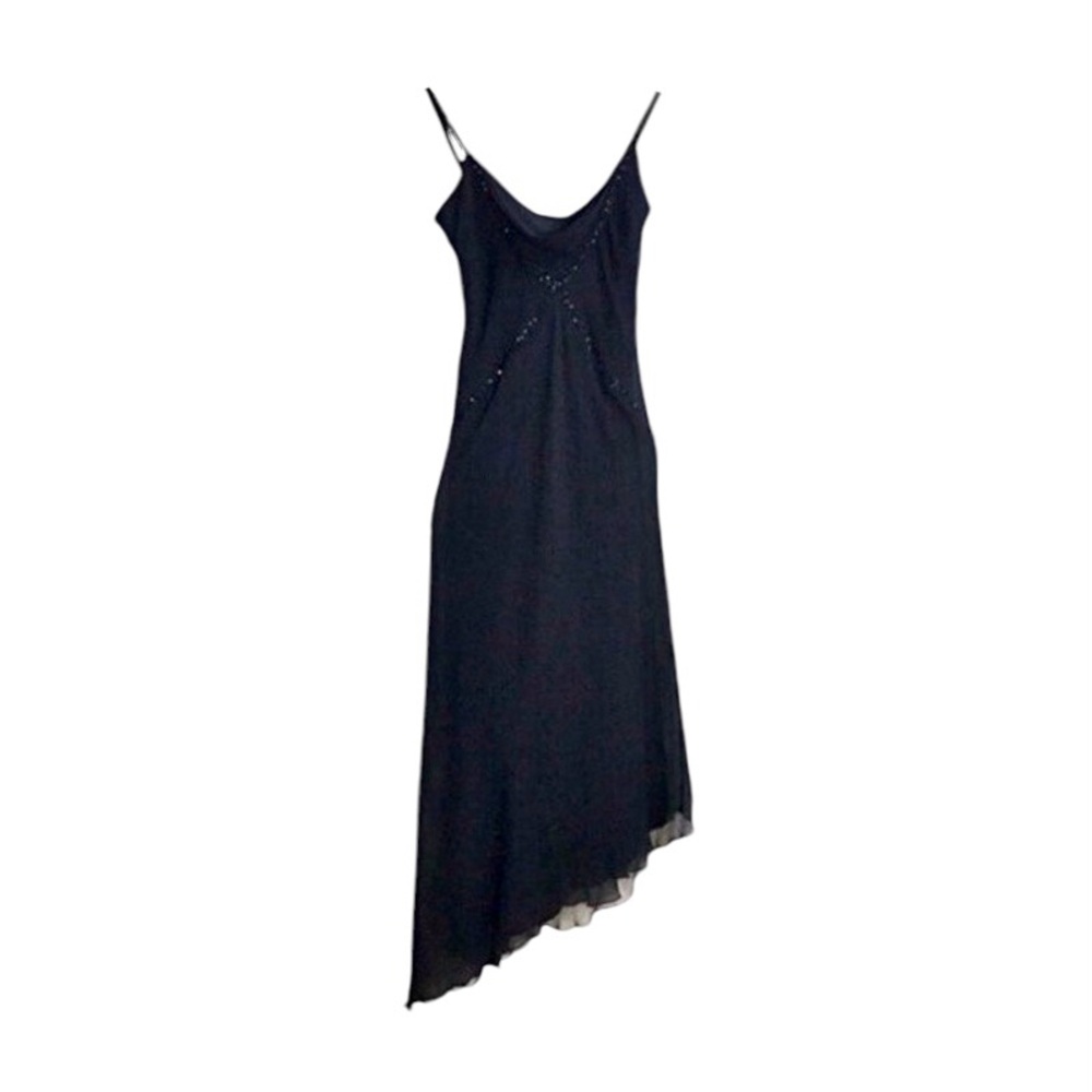 VTG 90's Y2K Black Beaded Silk Sleeveless Mesh Asymmetrical Cocktail Maxi Dress